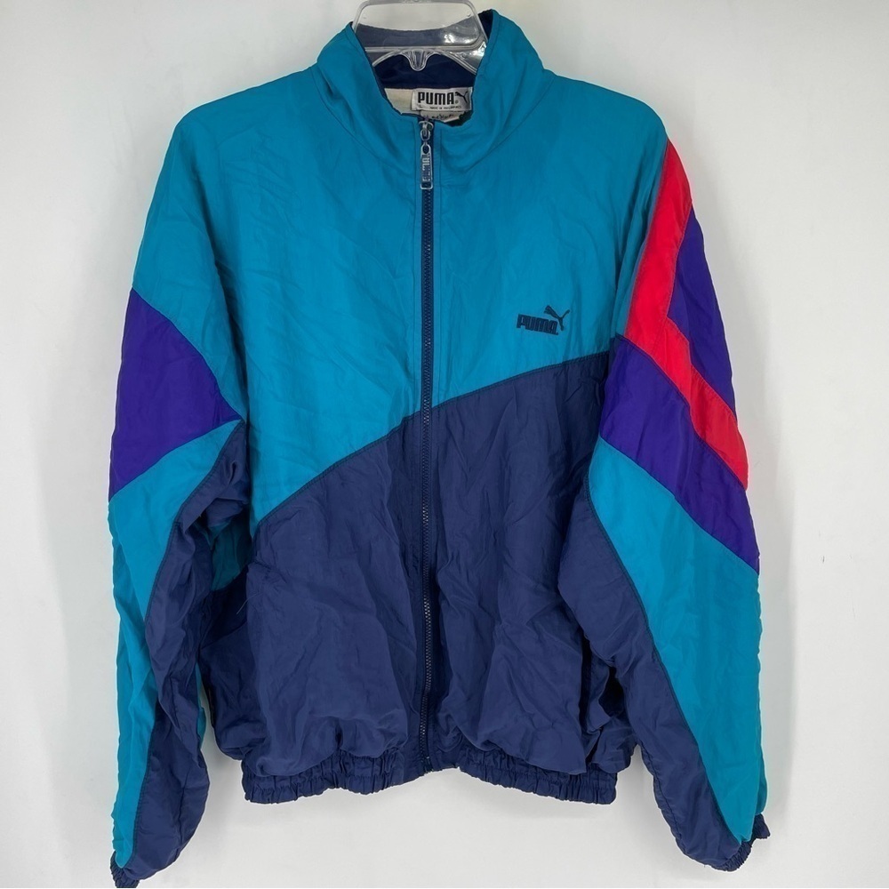 Vintage 90s Puma 100% Nylon Full Zip Windbreaker Jacket Blue Running Track Large